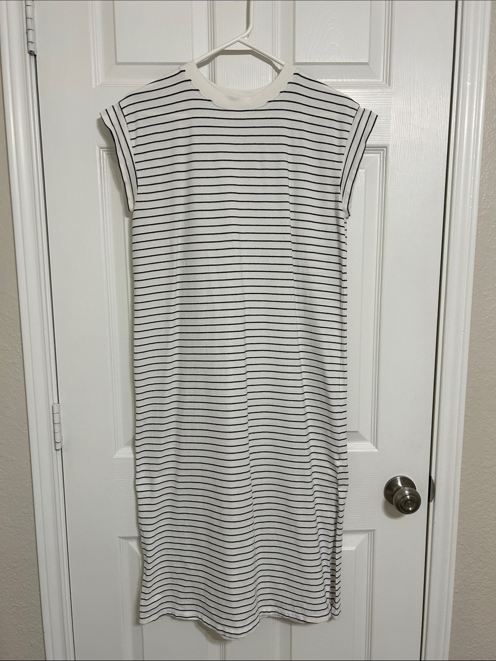 White t shirt Midi Dress with Black Stripes